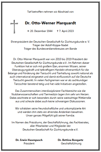 DGfZ-Traueranzeige für Dr. Otto-Werner Marquardt
&copy; Deutsche Gesellschaft für Züchtungskunde e.V. (DGfZ)
