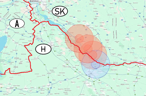 Sperrzonen der aktuellen MKS-Ausbrüche; blauer Kreis: Sperrzone in Ungarn, rote Kreise: Sperrzonen in der slowakischen Republik
© Staatliche Veterinär- und Lebensmittelverwaltung der Slowakischen Republik, modifiziert von Mag. Stefan Fucik